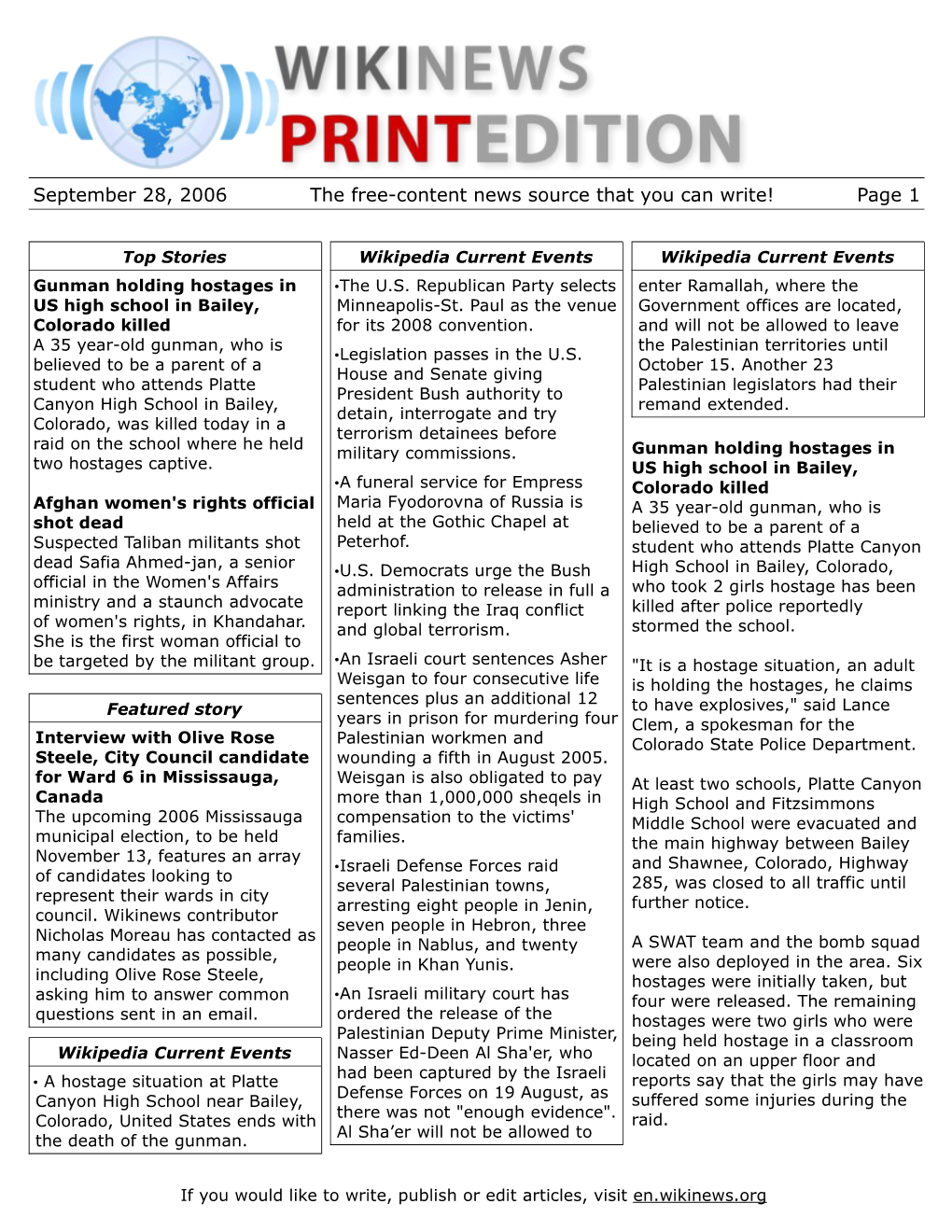 September 28, 2006 the Free-Content News Source That You Can Write! Page 1