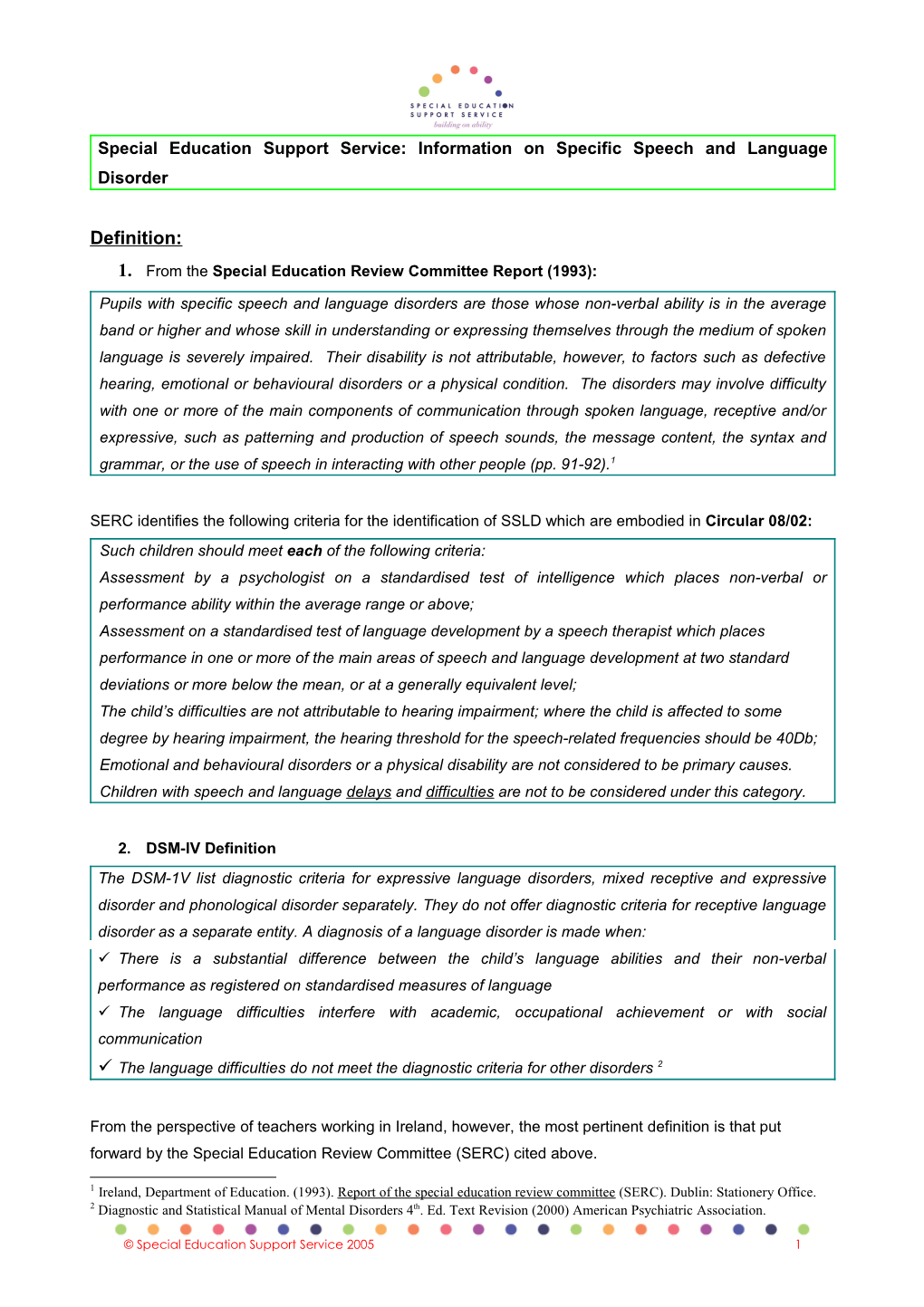 Specific Speech & Language Disorder Fact-Sheet