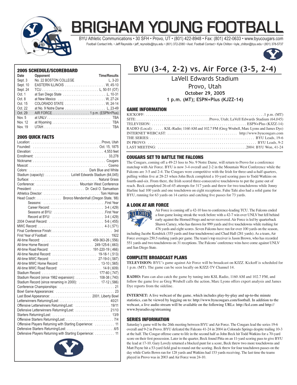 BRIGHAM YOUNG FOOTBALL BYU Athletic Communications • 30 SFH • Provo, UT • (801) 422-8948 • Fax: (801) 422-0633 • Football Contact Info