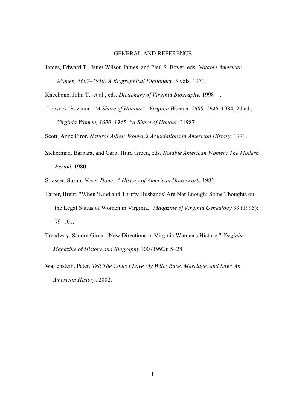 Select Bibliography of Virginia Women's History