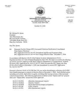 Mr. Michael R. Quinn President Aero Micronesia, Inc. Dba Asia Pacific Airlines 156 Diablo Road, Suite 203 Danville, California 94526