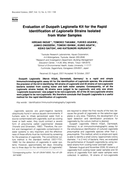 Evaluation of Duopath Legionella Kit for the Rapid Identification Of