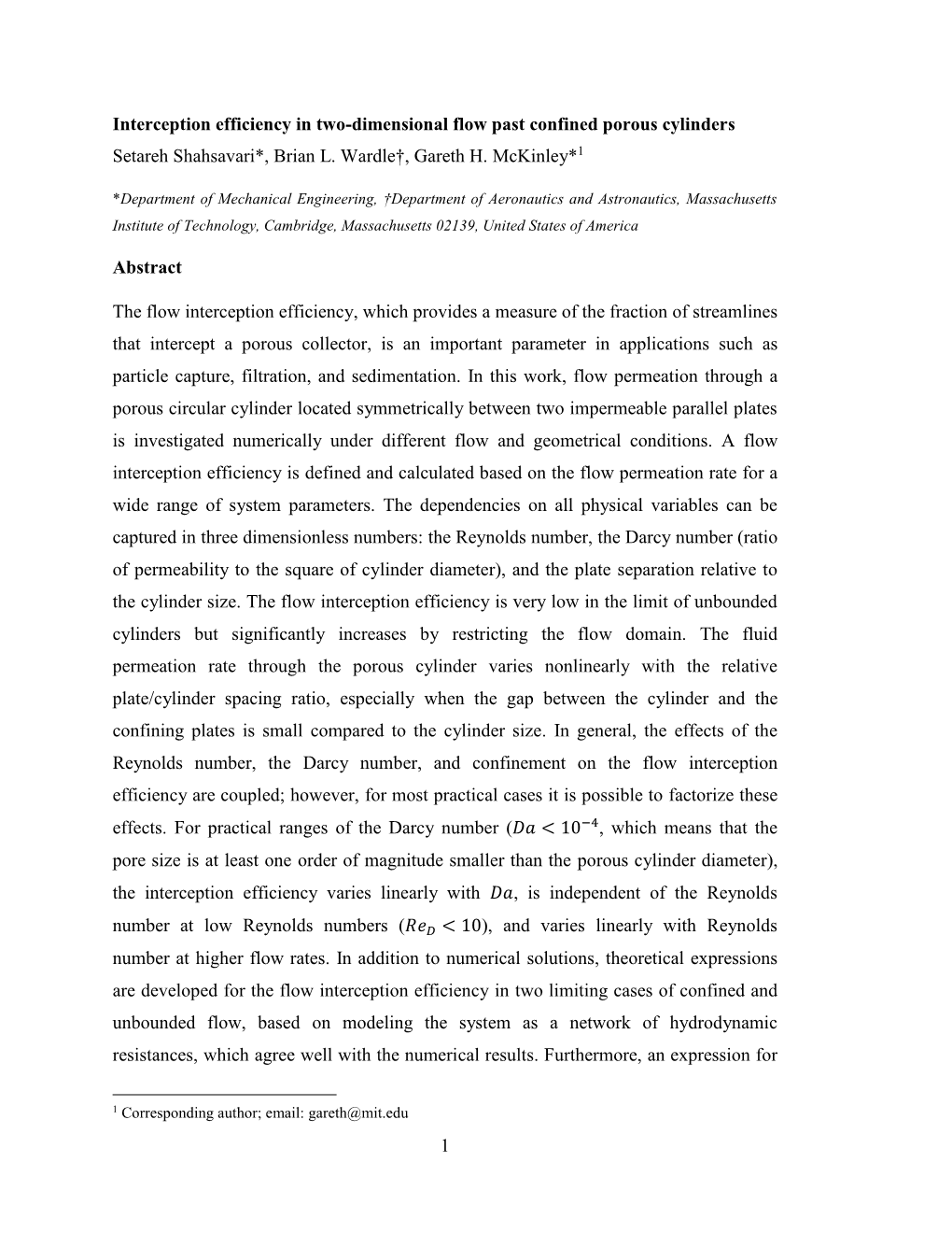 1 Interception Efficiency in Two-Dimensional Flow Past Confined