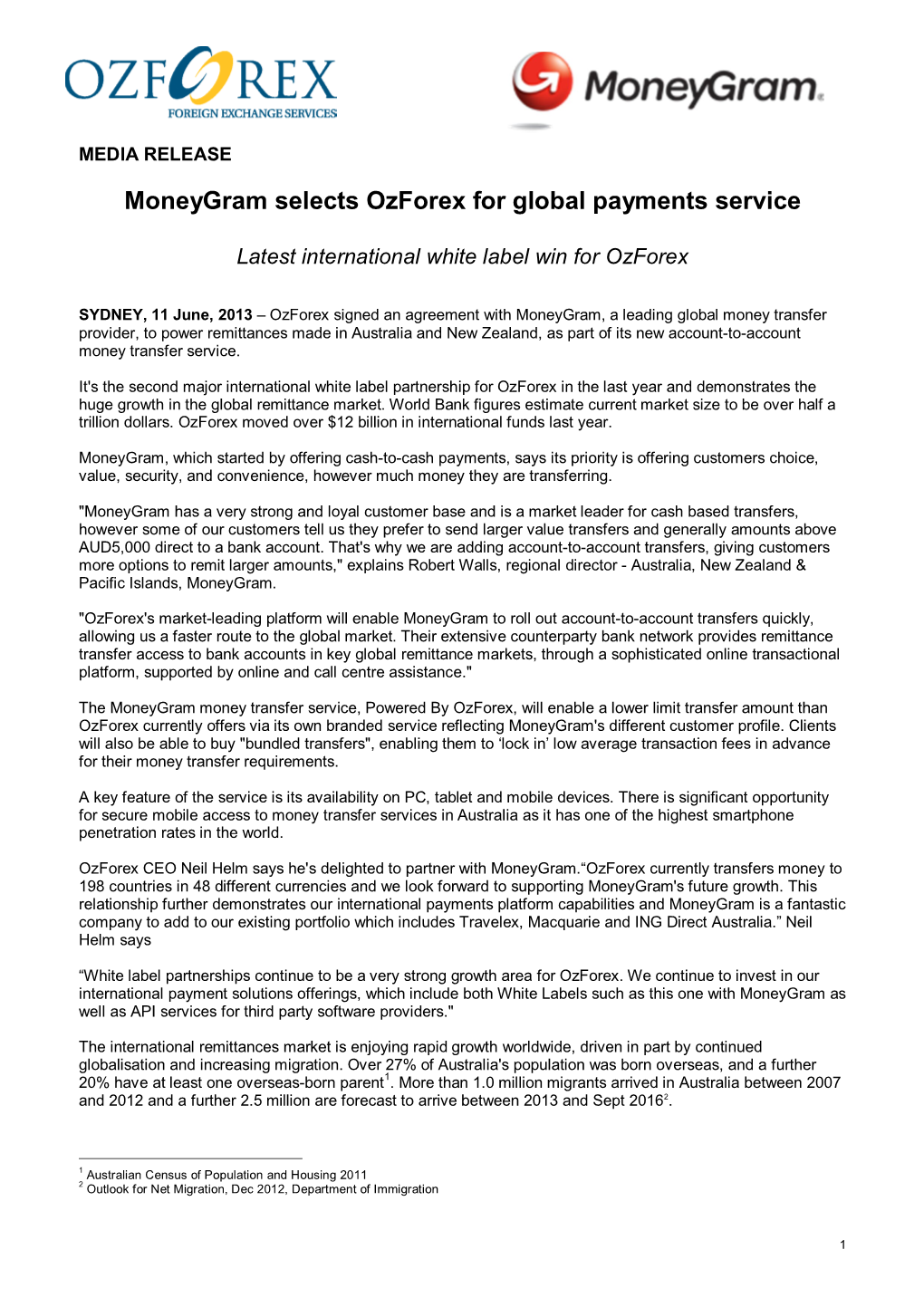 Moneygram Selects Ozforex for Global Payments Service