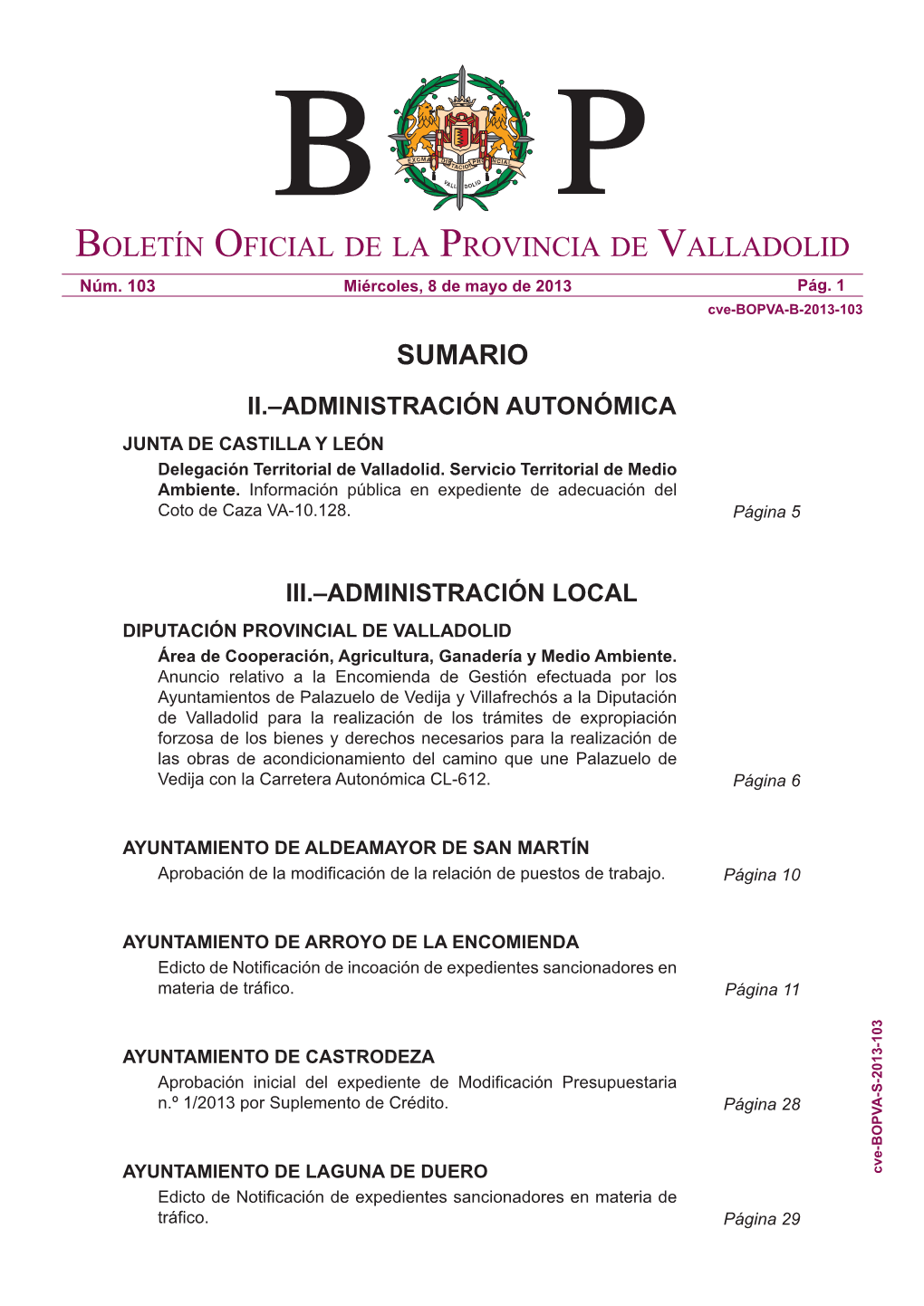 Boletín Oficial De La Provincia De Valladolid Sumario