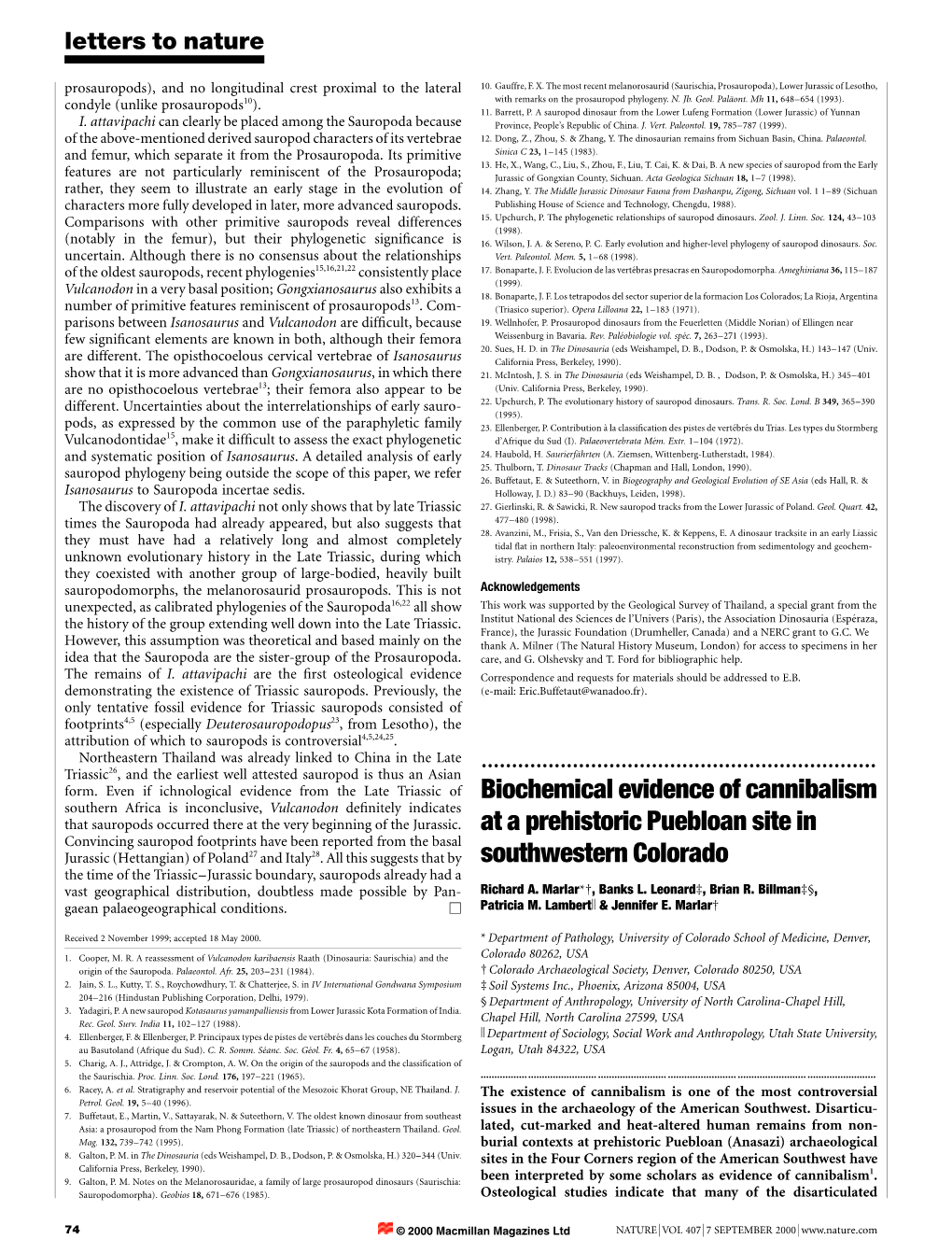 Biochemical Evidence of Cannibalism at a Prehistoric Puebloan Site In