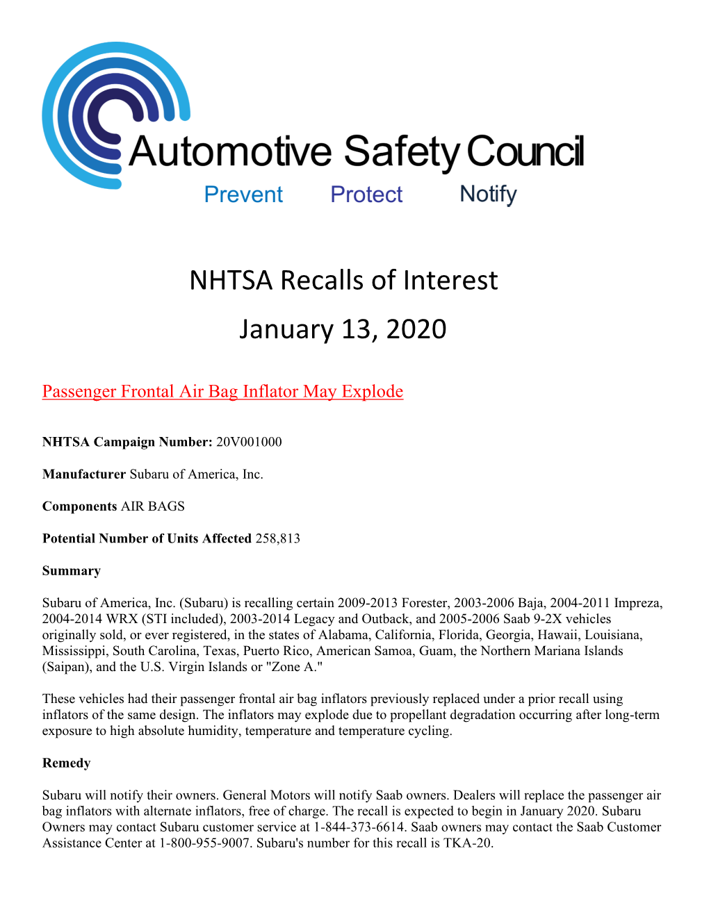 NHTSA Recalls of Interest January 13, 2020