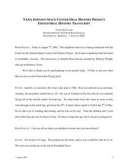 Nasa Johnson Space Center Oral History Project Edited Oral History Transcript