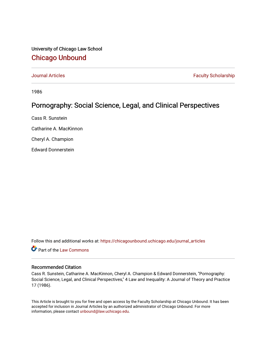 Pornography: Social Science, Legal, and Clinical Perspectives