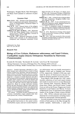 Biology of Cave Crickets, Hadenoecus Subtermneus, and Camel Crickets, Ceuthophilus Stygius (Insecta: Orthoptera): Parasitism by Hairworms (Nematomorpha)