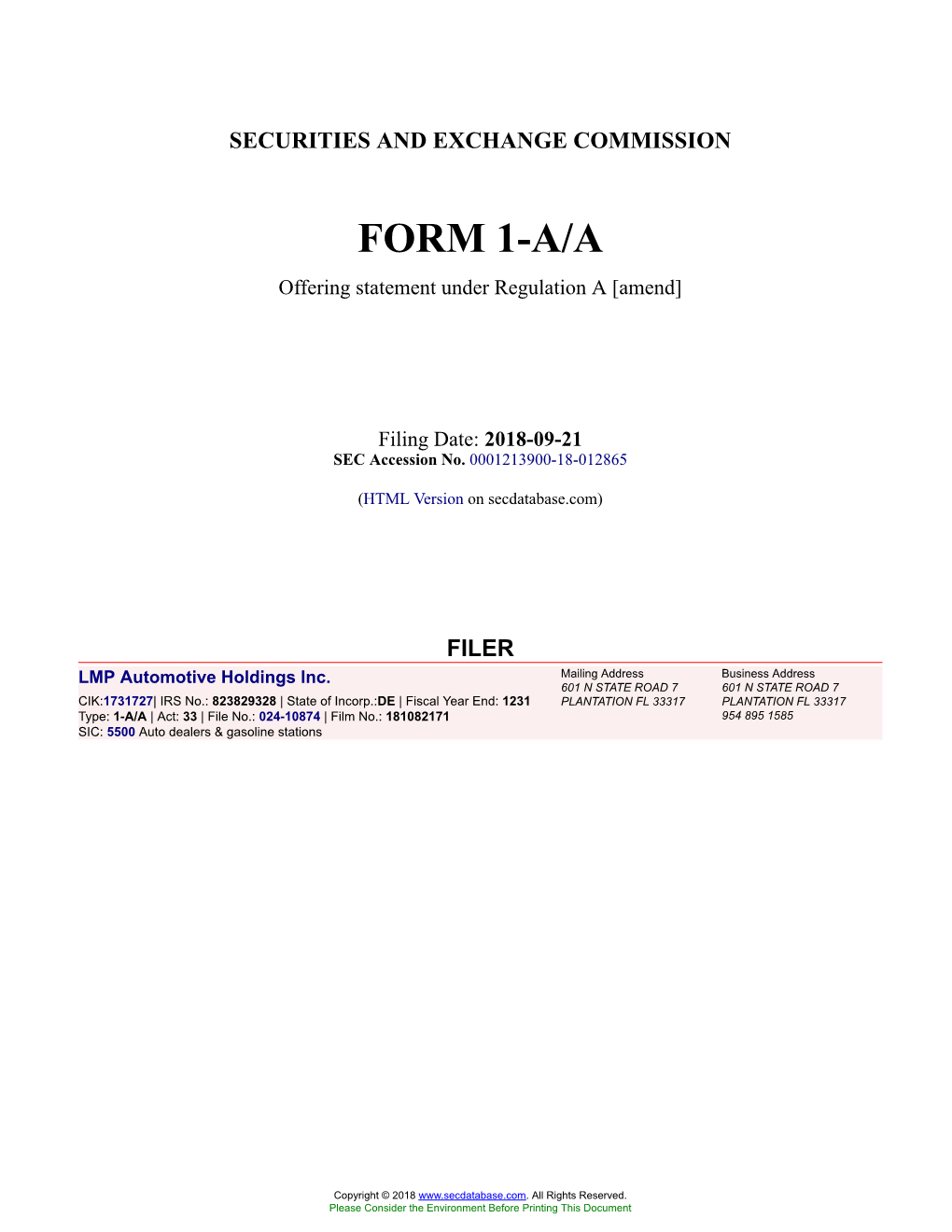 LMP Automotive Holdings Inc. Form 1-A/A Filed 2018-09-21