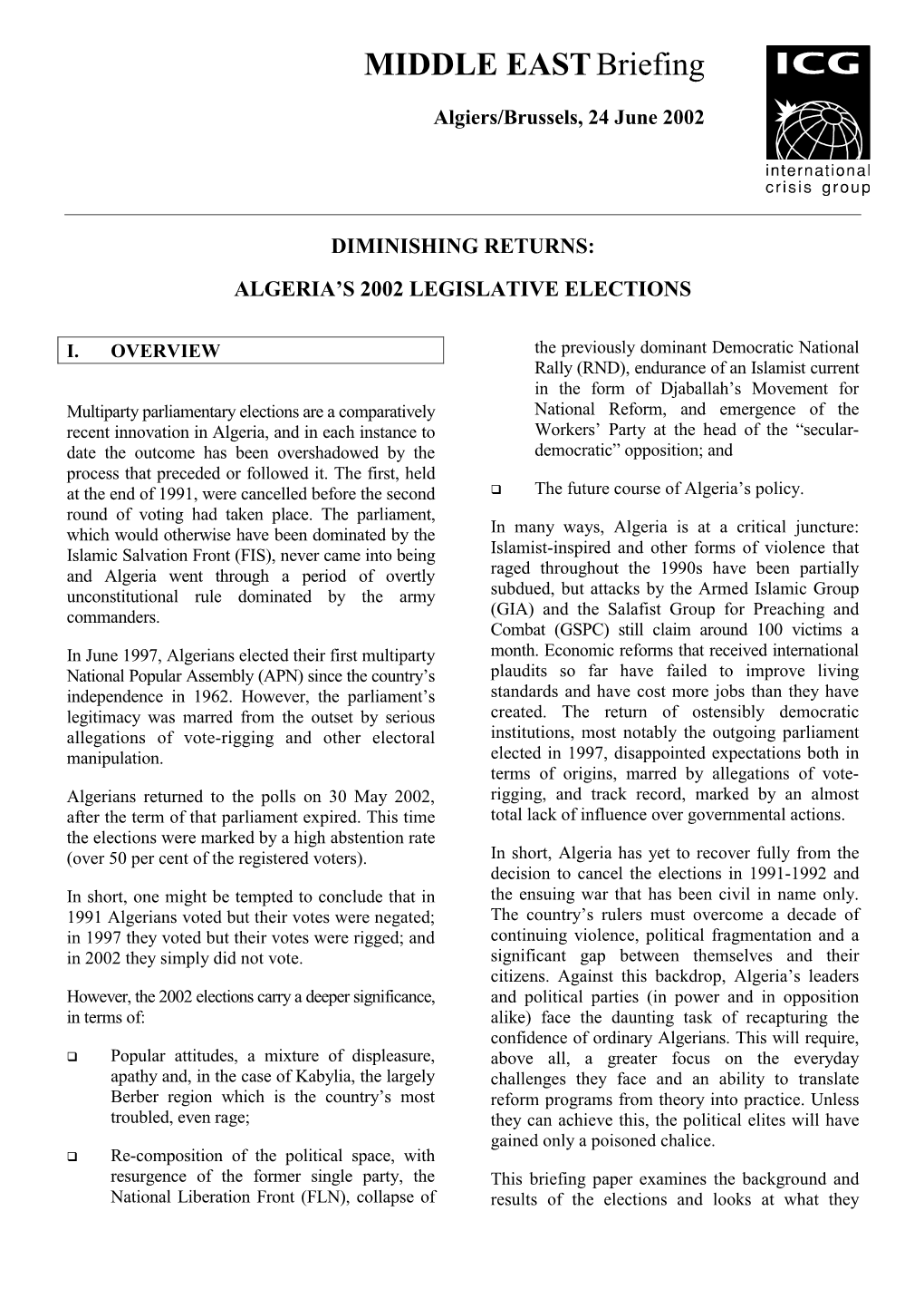 Middle East Briefing, Nr. 1: Algeria's 2002 Legislative Elections