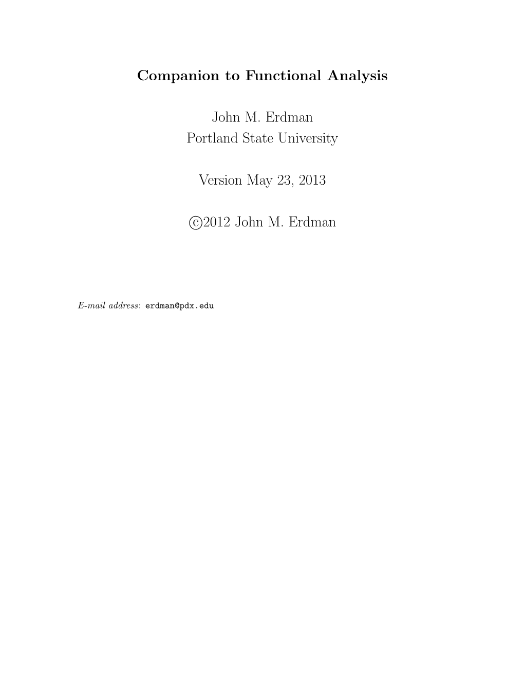 Companion to Functional Analysis John M. Erdman Portland State