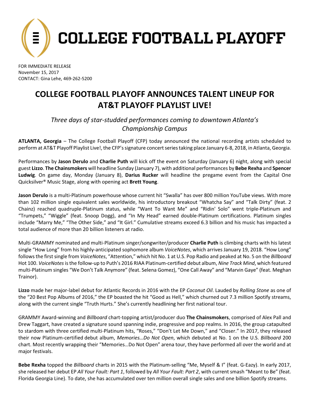 College Football Playoff Announces Talent Lineup for At&T Playoff Playlist Live!