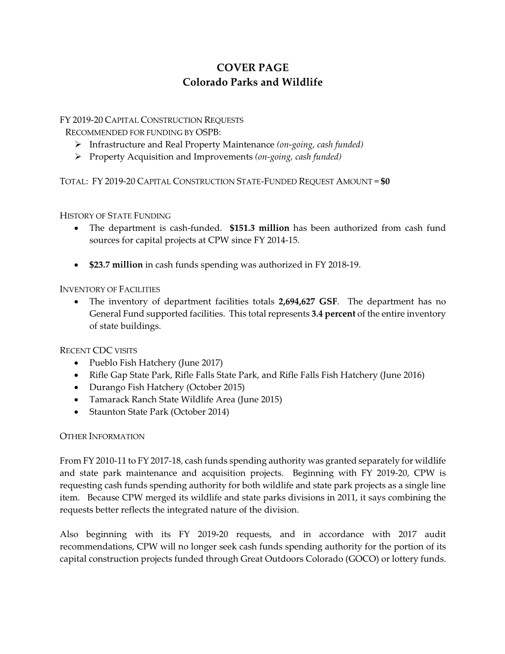 Colorado Parks and Wildlife FY 2019-20 Infrastructure and Property Maintenance, Non-Appropriated