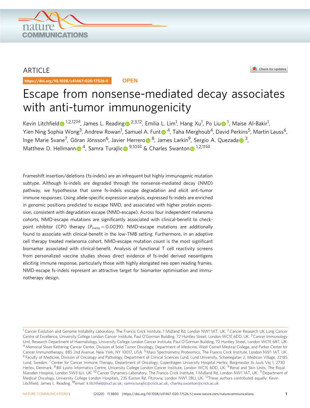 Escape from Nonsense-Mediated Decay Associates with Anti-Tumor Immunogenicity ✉ Kevin Litchﬁeld 1,2,12 , James L