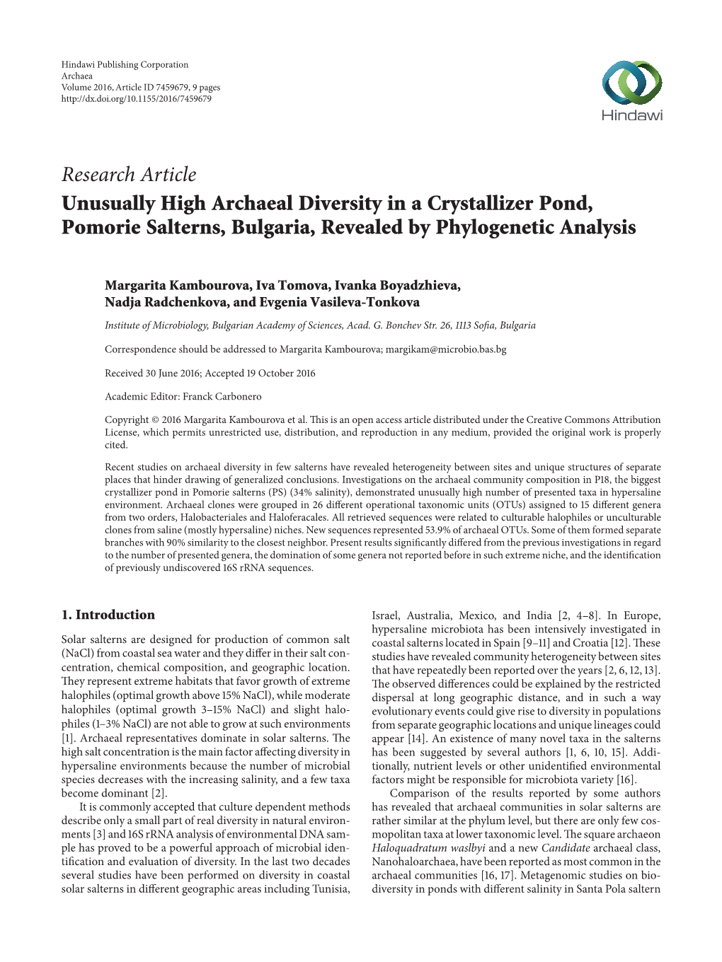 Unusually High Archaeal Diversity in a Crystallizer Pond, Pomorie Salterns, Bulgaria, Revealed by Phylogenetic Analysis