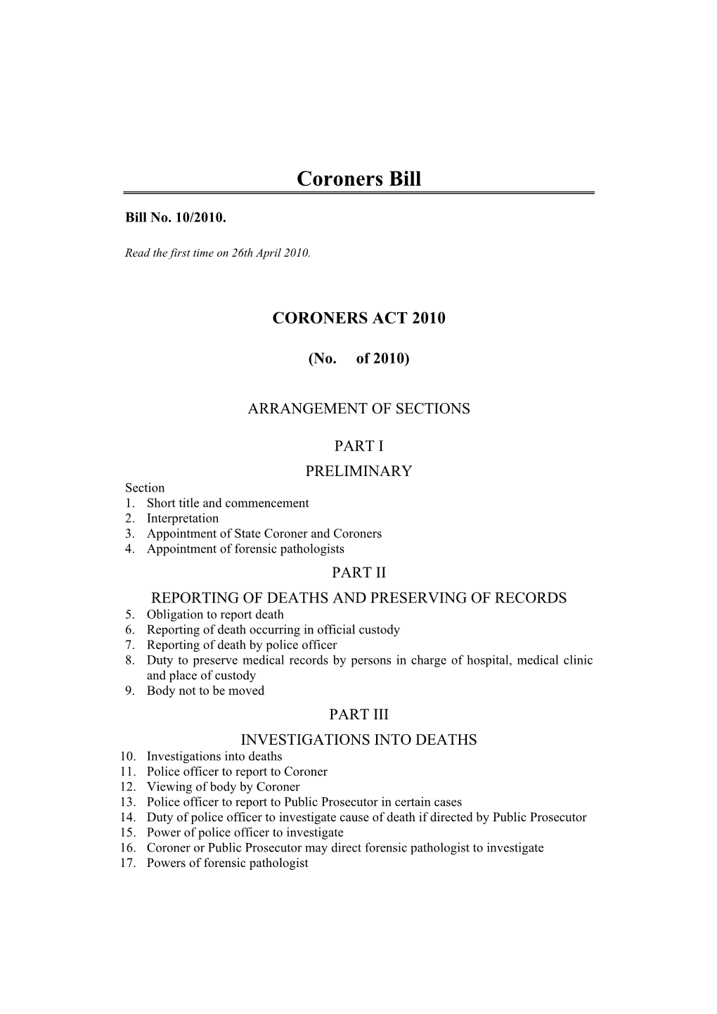 Coroners Bill 2010