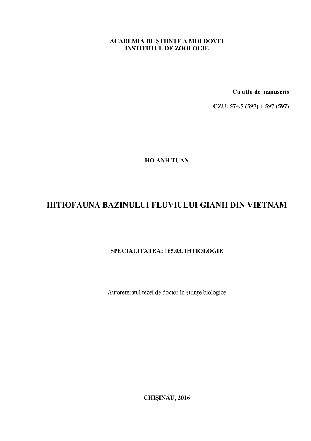 Ihtiofauna Bazinului Fluviului Gianh Din Vietnam