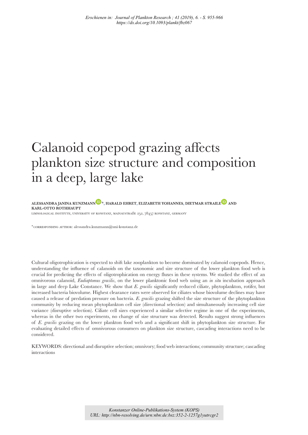 Calanoid Copepod Grazing Affects Plankton Size Structure and Composition in a Deep, Large Lake