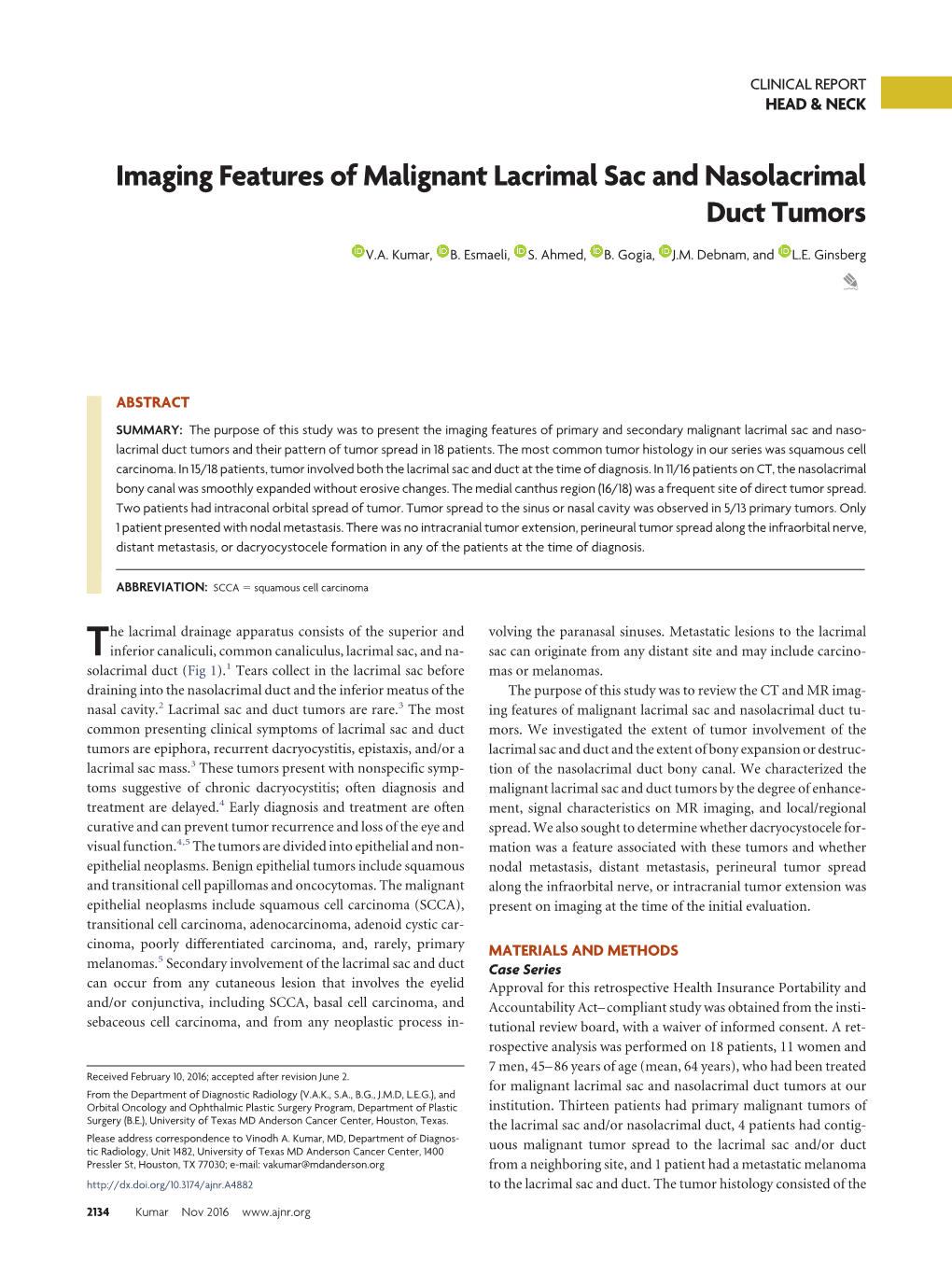 Imaging Features of Malignant Lacrimal Sac and Nasolacrimal Duct Tumors