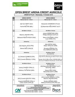 OPEN BREST ARENA CREDIT AGRICOLE ORDER of PLAY - Wednesday, 19 October 2016
