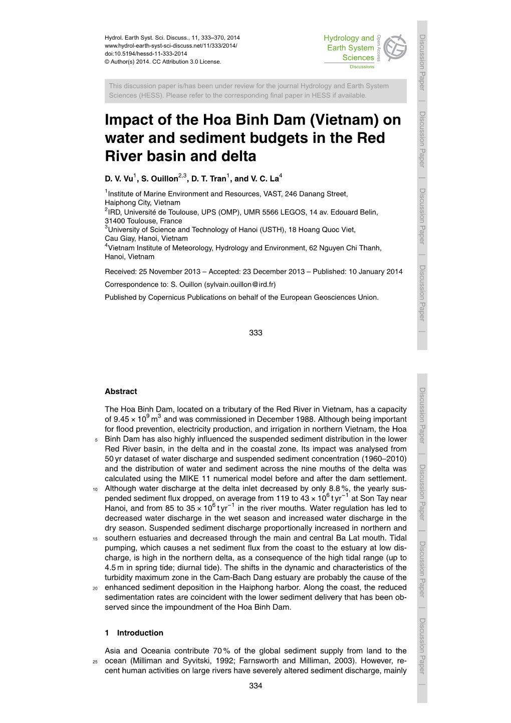 Impact of the Hoa Binh Dam (Vietnam) on Water and Sediment
