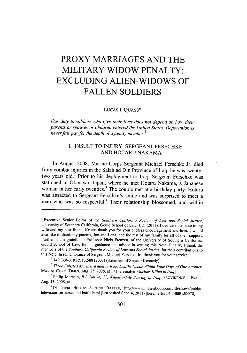 Proxy Marriages and the Military Widow Penalty: Excluding Alien-Widows of Fallen Soldiers