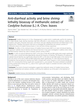 Anti-Diarrheal Activity and Brine Shrimp Lethality Bioassay of Methanolic Extract of Cordyline Fruticosa (L.) A