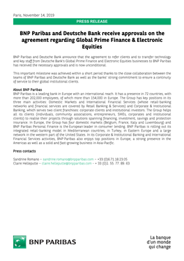 BNP Paribas and Deutsche Bank Receive Approvals on the Agreement Regarding Global Prime Finance & Electronic Equities