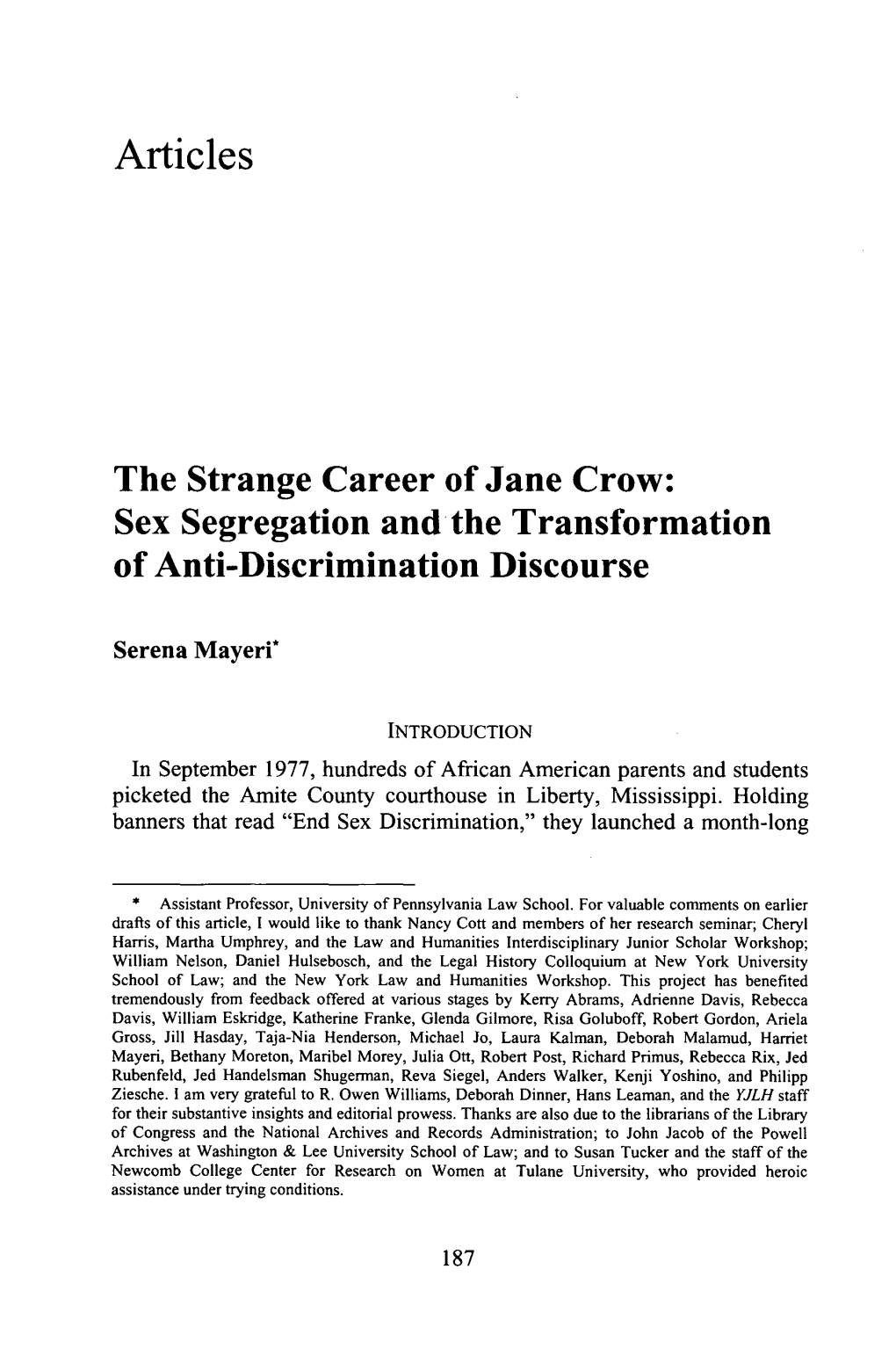 The Strange Career of Jane Crow: Sex Segregation and the Transformation of Anti-Discrimination Discourse