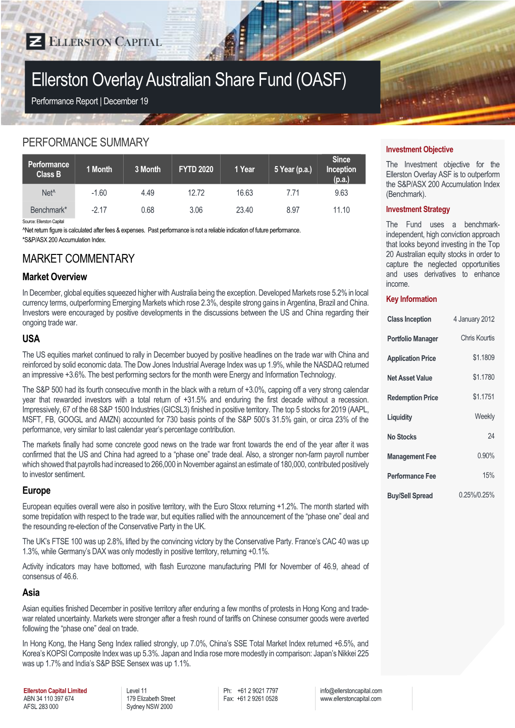 Ellerston Overlay Australian Share Fund (OASF) Performance Report | December 19