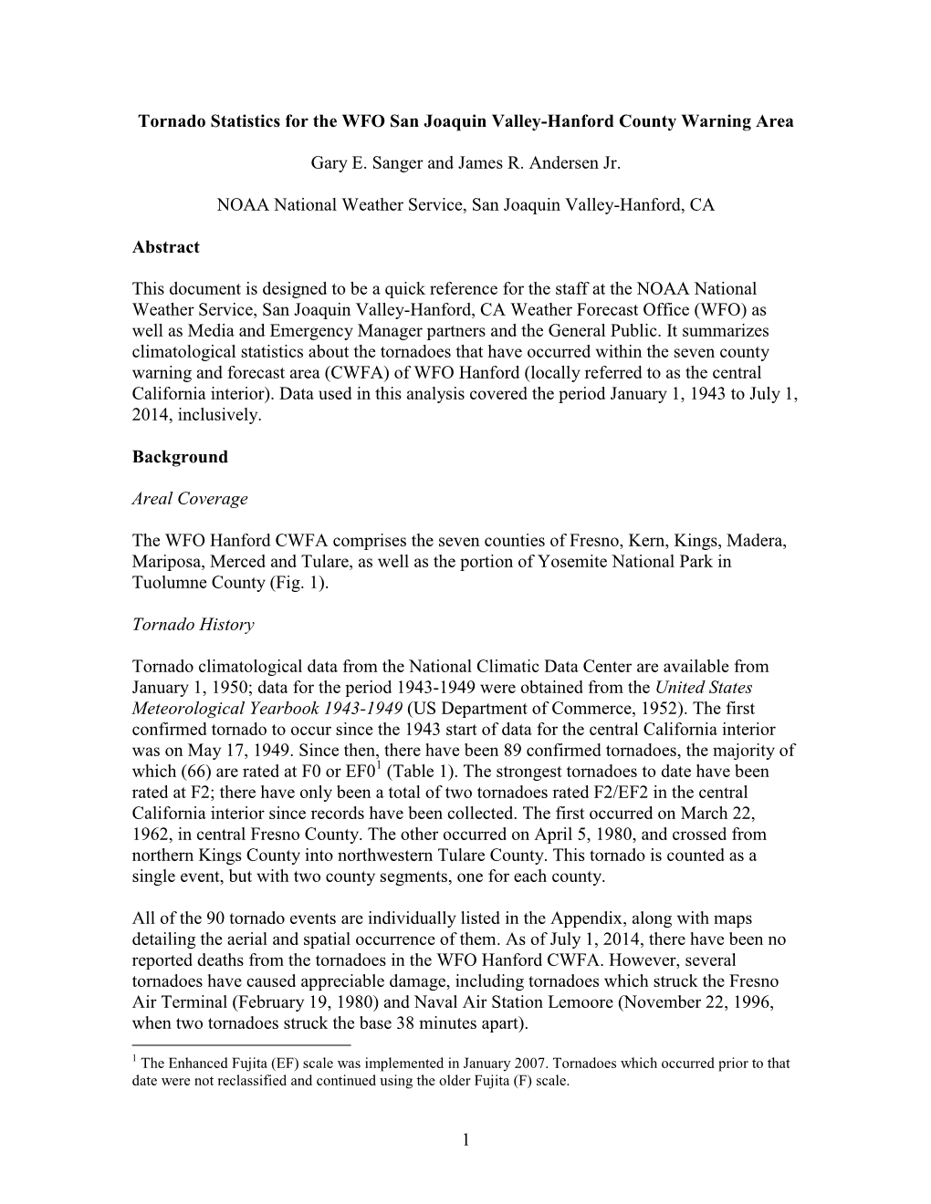 1 Tornado Statistics for the WFO San Joaquin Valley-Hanford County