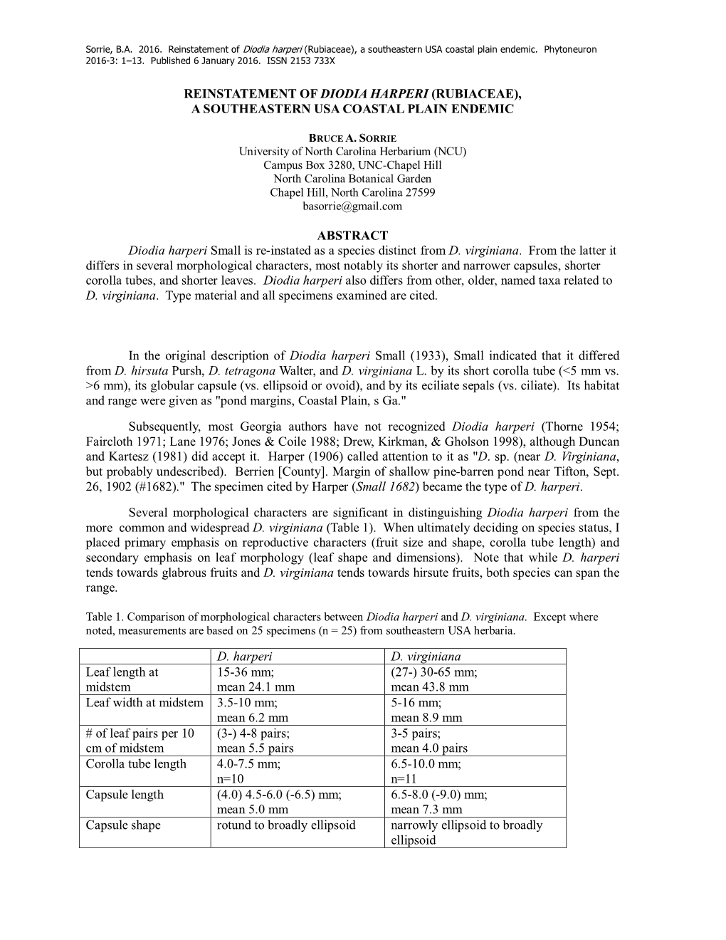 Reinstatement of Diodia Harperi (Rubiaceae), a Southeastern USA Coastal Plain Endemic