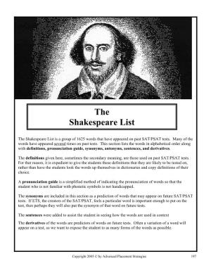 The Shakespeare List Is a Group of 1625 Words That Have Appeared on Past SAT/PSAT Tests