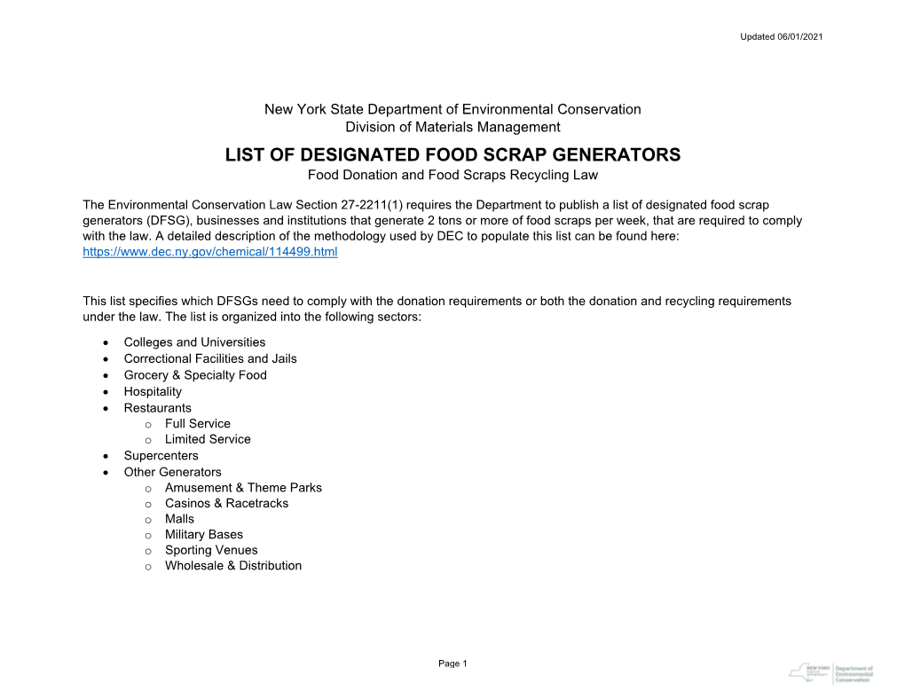 List of Designated Food Scraps Generators