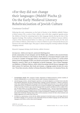 (Mekhy Pischa 5): on the Early Medieval Literary Rehebraicisation of Jewish Culture
