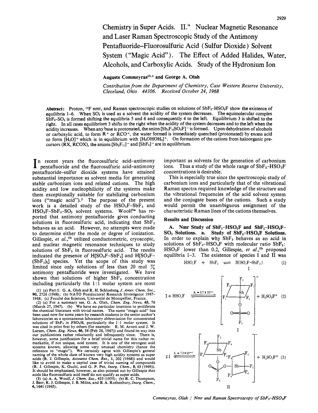 Pentafluoride-Fluorosulfuric Acid (Sulfur Dioxide) Solvent System (“Magic Acid”)