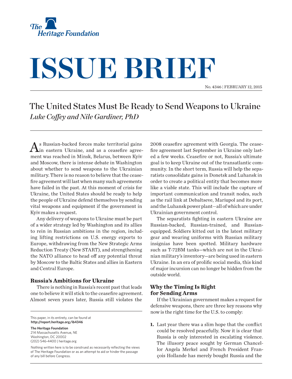U.S. Must Be Ready to Send Weapons to Ukraine