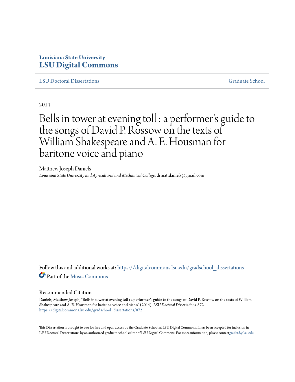 A Performer's Guide to the Songs of David P. Rossow on the Texts of William Shakespeare and A