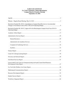 TABLE of CONTENTS Ivy Tech Community College Bloomington Campus Board of Trustees Meeting September 25, 2018
