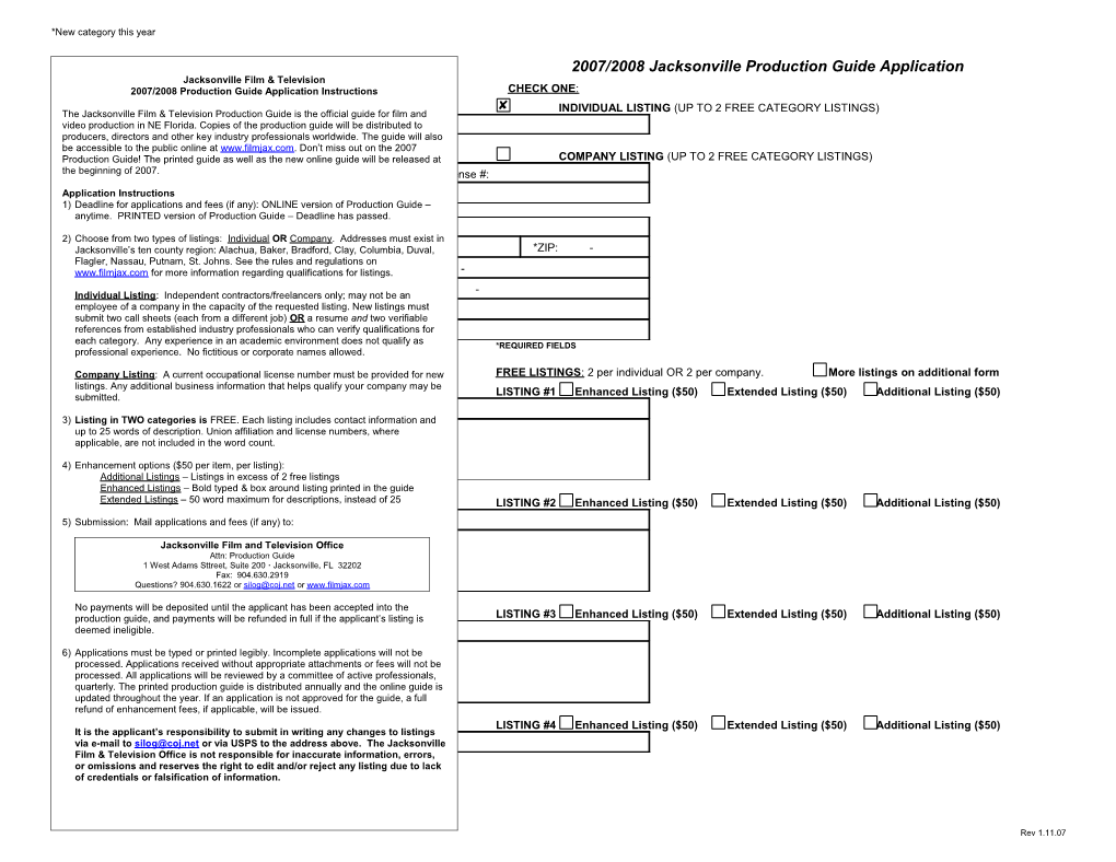 2007/2008 Jacksonville Production Guide Application