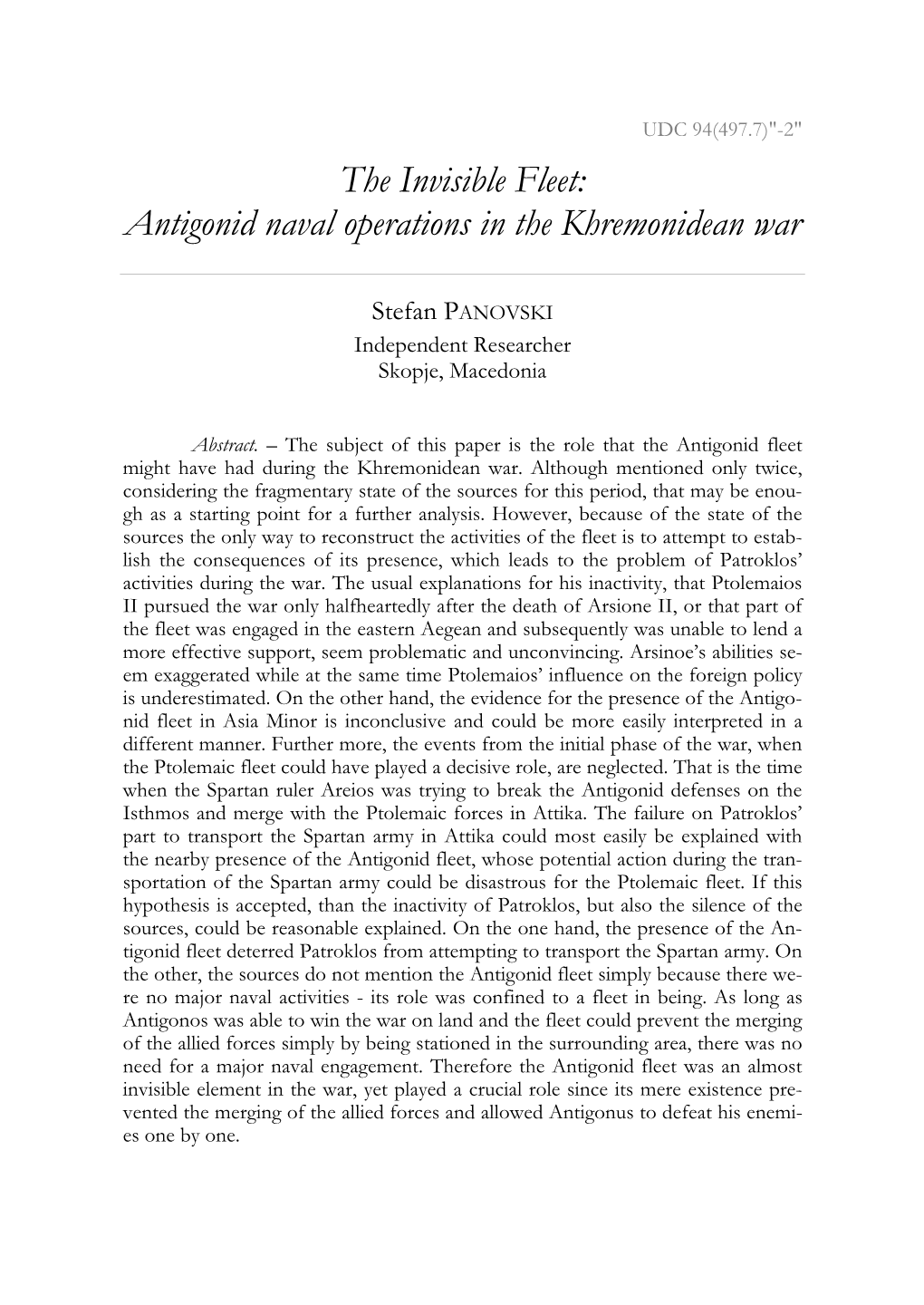 The Invisible Fleet: Antigonid Naval Operations in the Khremonidean War