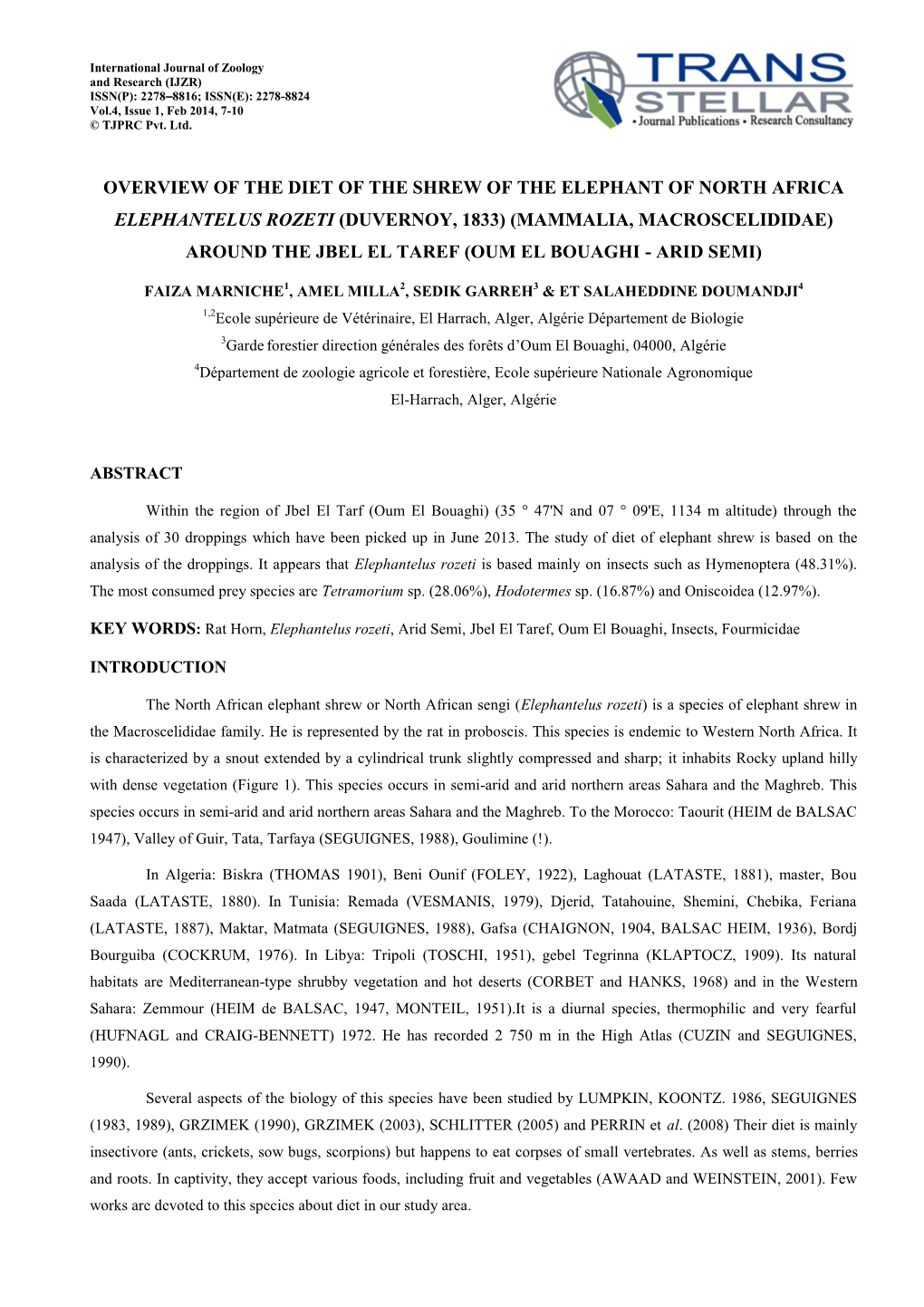 Overview of the Diet of the Shrew of the Elephant Of