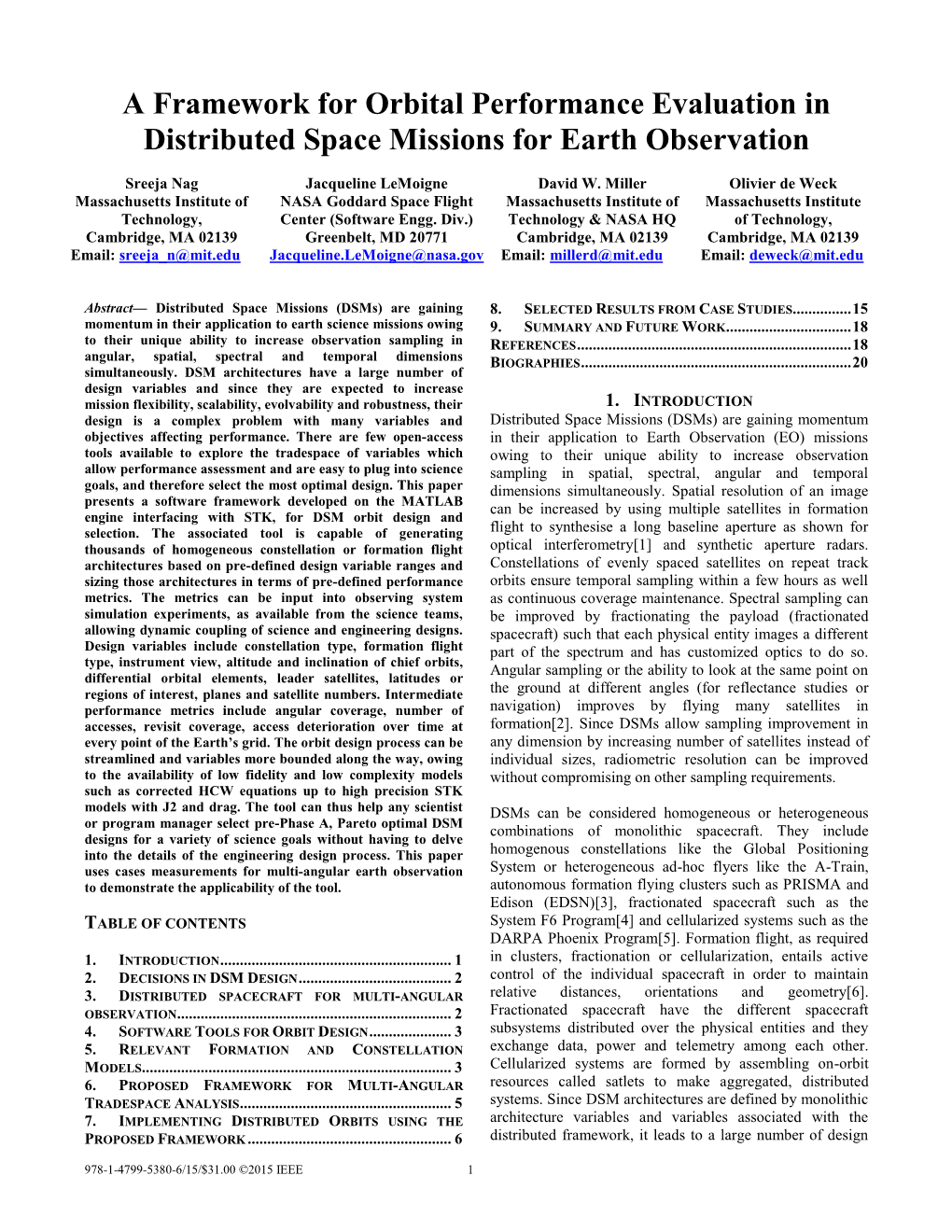 A Framework for Orbital Performance Evaluation in Distributed Space Missions for Earth Observation