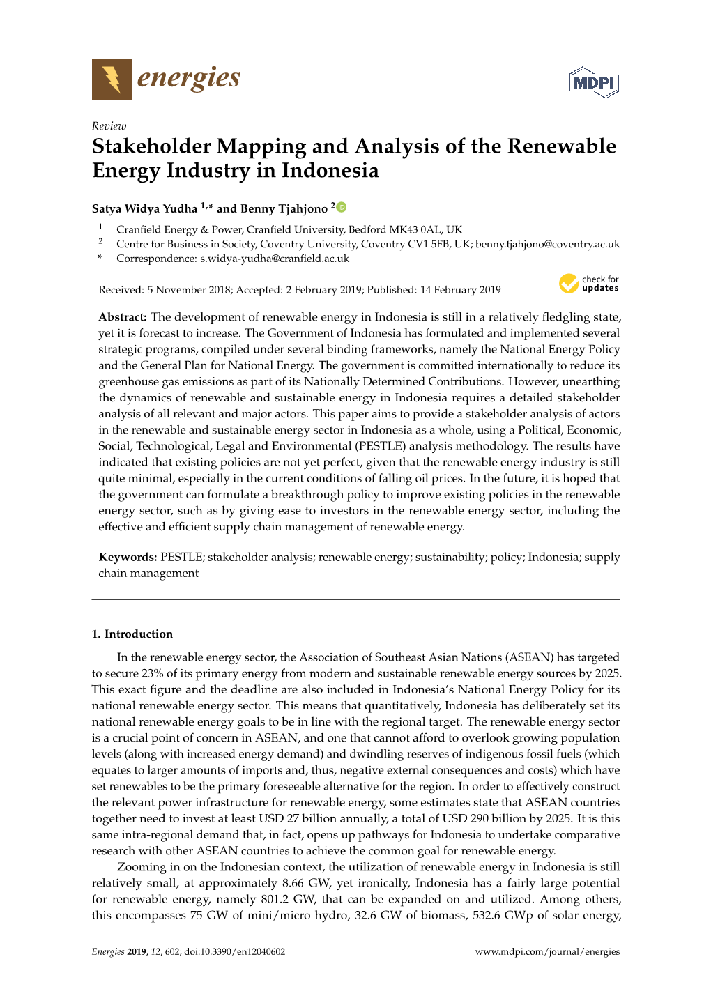 Stakeholder Mapping and Analysis of the Renewable Energy Industry in Indonesia