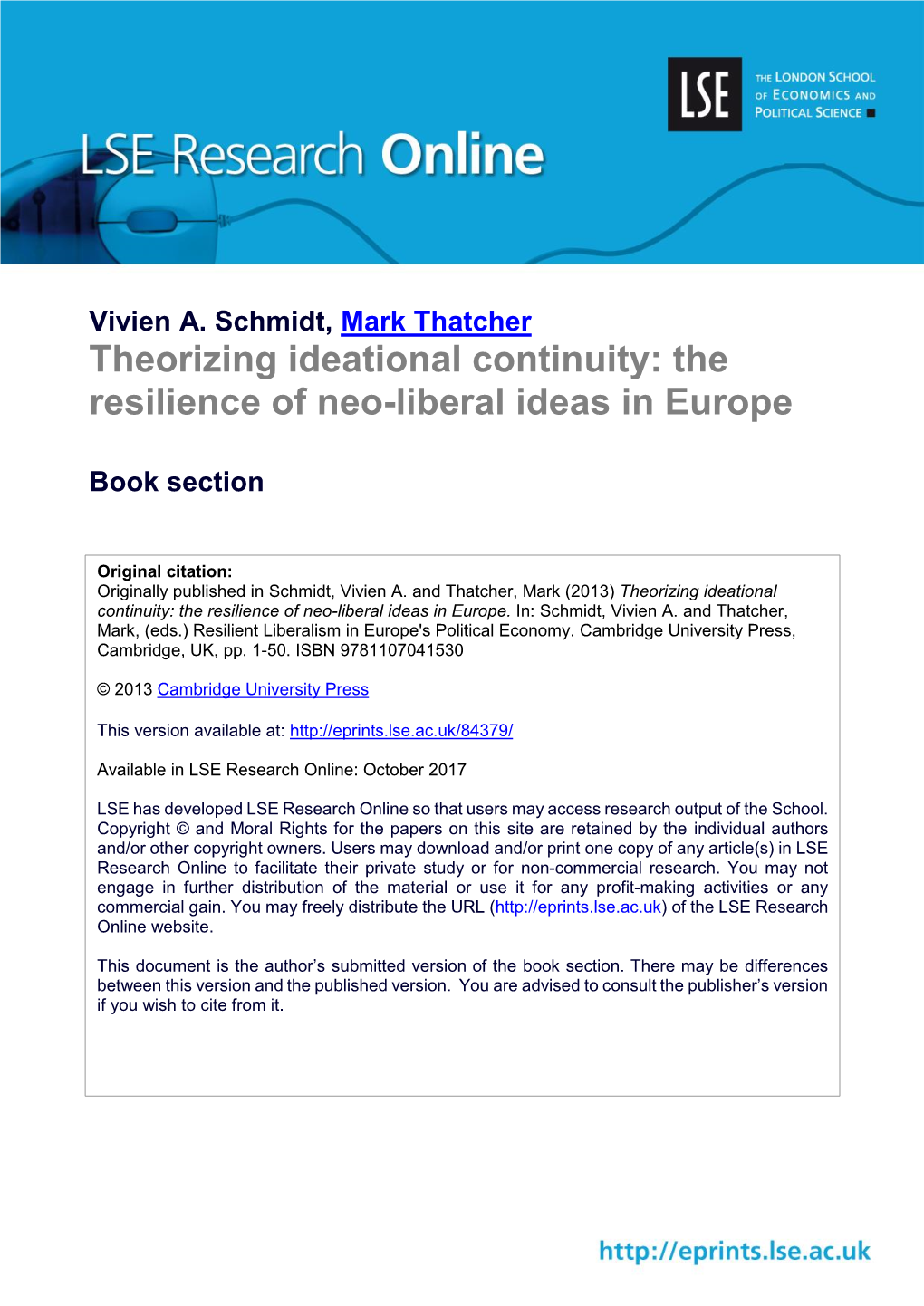 Theorizing Ideational Continuity: the Resilience of Neo-Liberal Ideas in Europe