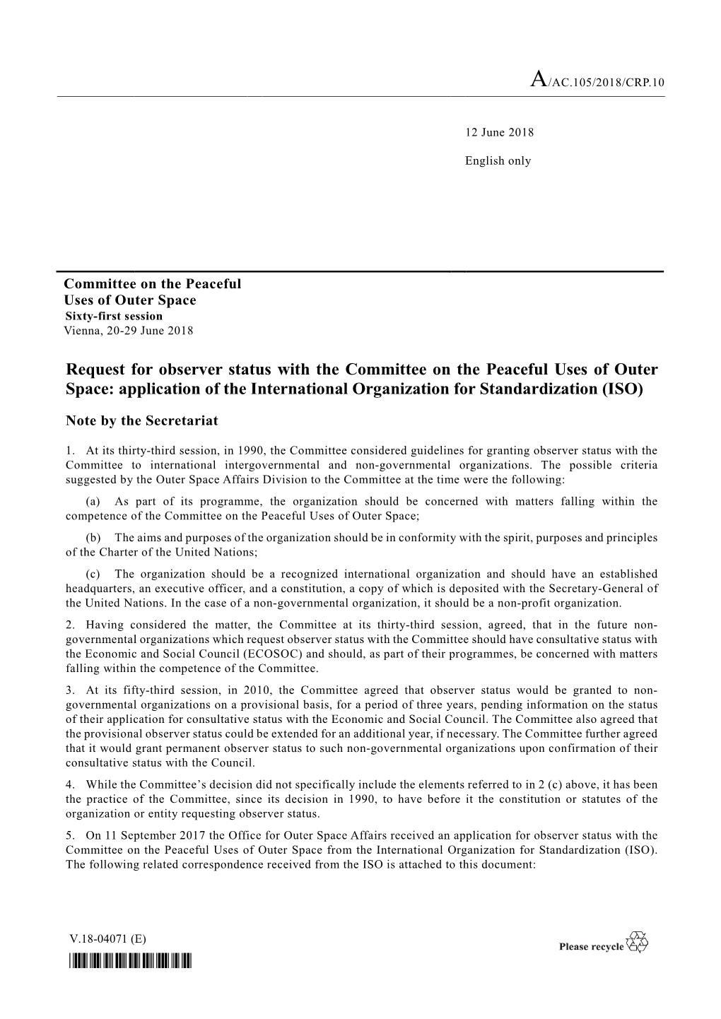 Request for Observer Status with the Committee on the Peaceful Uses of Outer Space: Application of the International Organization for Standardization (ISO)