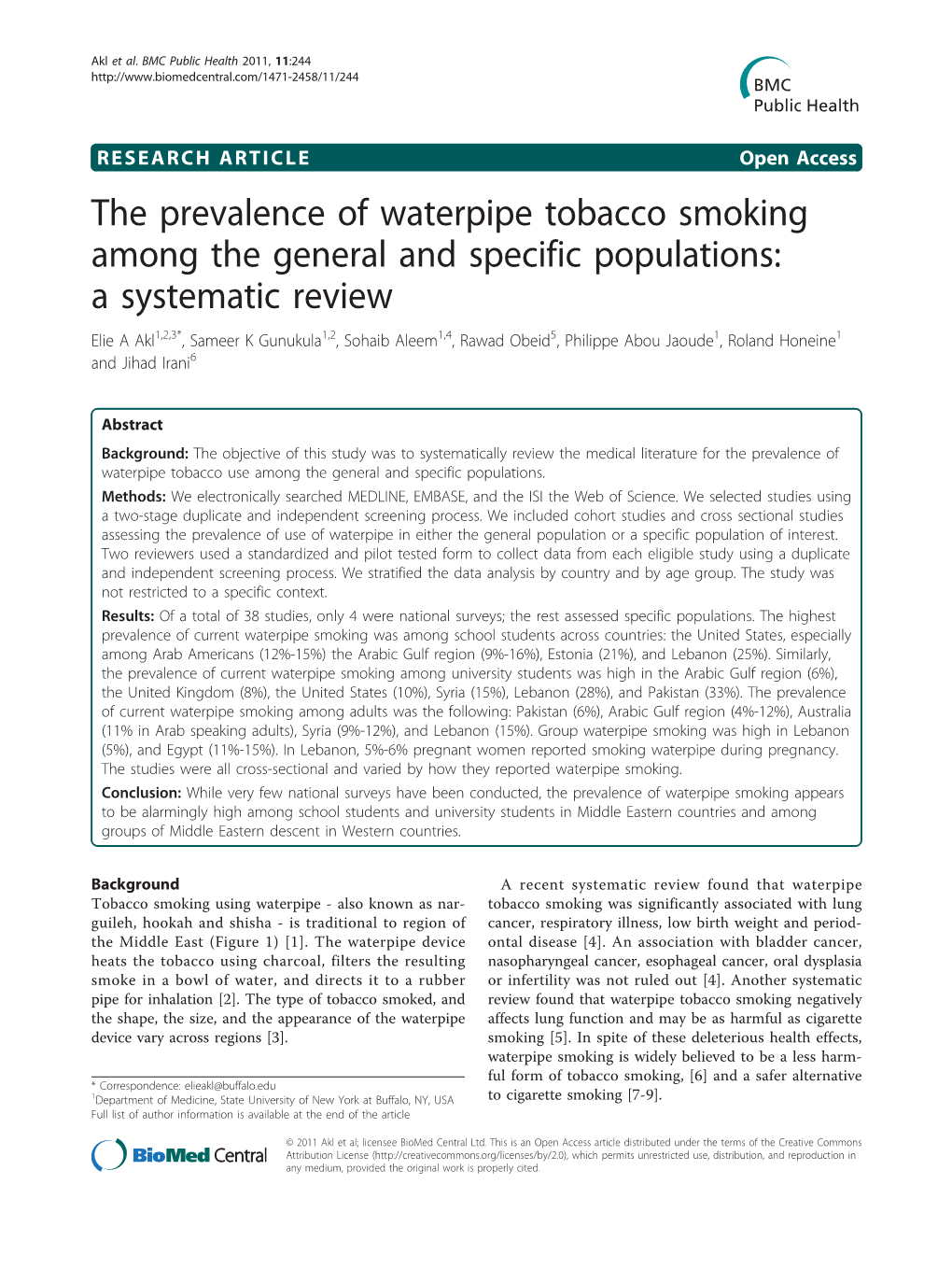 The Prevalence of Waterpipe Tobacco Smoking Among the General And