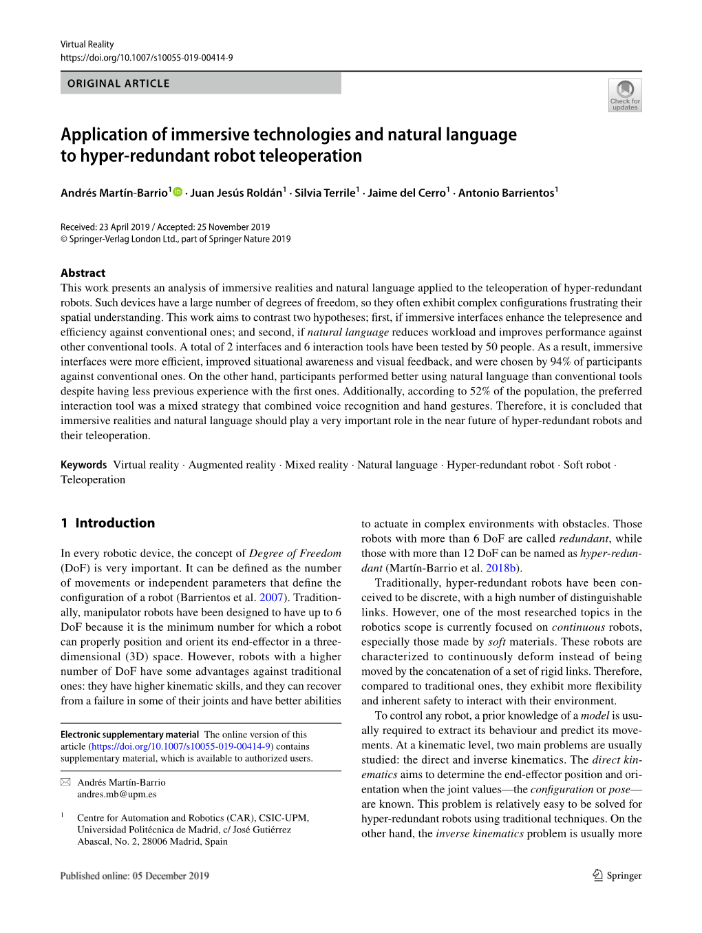 Application of Immersive Technologies and Natural Language to Hyper-Redundant Robot Teleoperation
